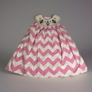 Delaney Girls Smocked Ladybug Bishop Dress Pink Chevron 24M Boutique